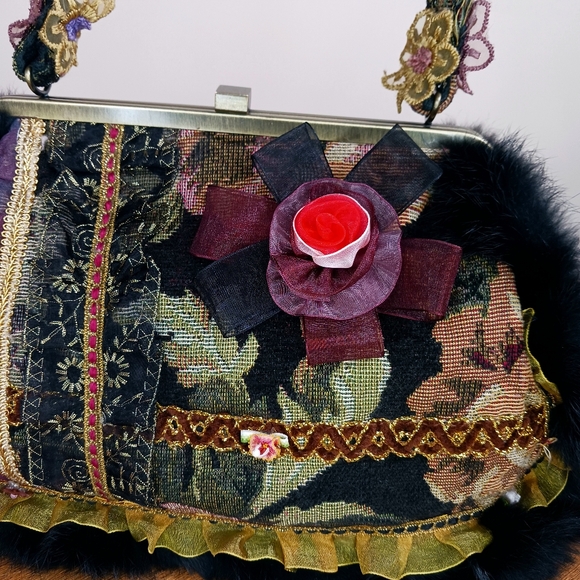Vintage Nicole Lee Shoulder Bag Tapestry Faux Fur Boho Black - Picture 3 of 15